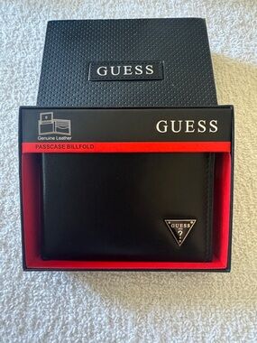 GUESS Black Leather Passcase Billfold Wallet with Red Accents